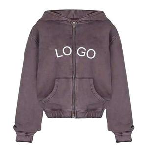 Trajes de sudor lavados con ácido personalizados, chándales gruesos con cremallera completa y lavado con ácido, sudaderas con capucha y pantalones de chándal con bordado desgastado - Product Image 5