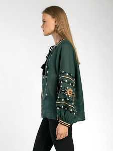 Precio de fábrica, ropa de fiesta con borlas de diseñador para mujer, blusa ucraniana, manga larga con globo, cuello en V, decoración de botones de tela tejida - Product Image 2