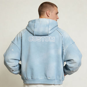 เสื้อฮู้ดดี้โอเวอร์ไซส์สีฟ้าอ่อนลายมัดย้อมขาดๆ แบบมีซิปเต็มตัว พิมพ์ลายตามสั่ง ขายส่งจากโรงงาน เสื้อผ้าลำลองสไตล์สตรีทสำหรับผู้ชาย - Product Image 4