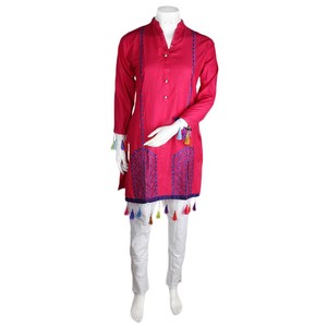 Traje de Dos Piezas de Algodón Bordado para Mujer - Rosa Oscuro - Product Image 4