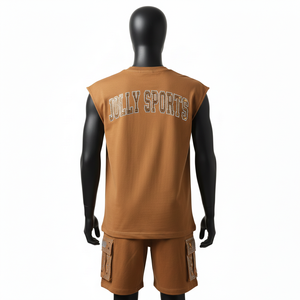 <b>Men</b> Sleeveless T Shirt and <b>Short</b> Set Cotton Polyester Smooth Fabric <b>Brown</b> Heat Press Logo <b>Men</b> Sleeveless shirt and <b>Shorts</b> Set - Product Image 2