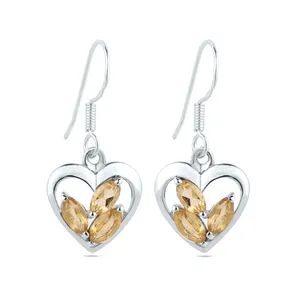 Solid Sterling Silver 925 Fine Jewelry Fashion Girl And Women Natural Heart Shaped Citrine Gemstone Classic Hook Pretty Earrings