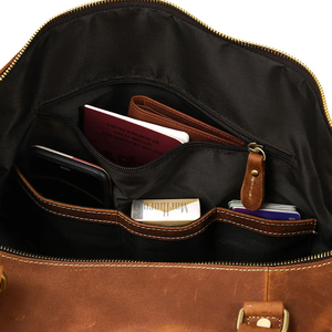 Leather Duffel <b>Bag</b> With Shoe Compartment Zipper Closure <b>Travel</b> <b>Weekender</b> Brown - Product Image 5