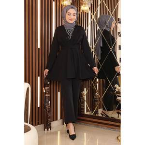 MSW19122-3 Ensemble ceinture 2 pièces noir style décontracté avec détails en pierres, longueur midi, 100% polyester, coupe classique - Product Image 4