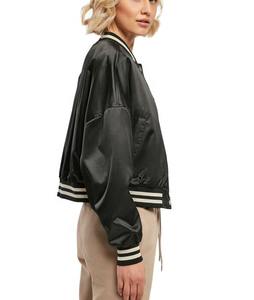 Chaqueta de bombardero de satén para mujer Chaqueta Tim de contraste de béisbol con botones Chaqueta larga de satén liso - Product Image 4