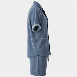 ชุดเซ็ตผู้ชายแบบสั่งทำพิเศษ - เสื้อแขนสั้นผ้าคอร์ดูรอยสีน้ำเงินและกางเกงขาสั้น ชุดลำลอง 2 ชิ้น - Product Image 6