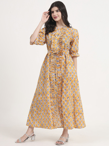 Vestido largo Floral con estampado de algodón amarillo para mujer, manga 3/4, botón frontal, cintura caída, vestido de baile, silueta, informal, tobillo de verano - Product Image 3