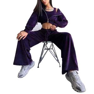 Ensemble de survêtement 2 pièces pour femme, jogging décontracté en molleton d'hiver avec logo personnalisé en strass, broderie, violet, 2026 - Product Image 1