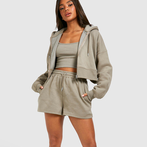 Premium Washed Khaki 2 Piece Women's Deep Hem Crop Hooded <b>Shorts</b> Tracksuit Set Hoodie And <b>Short</b> Women Tracksuit Set 2 Piece Set - Product Image 1