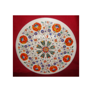 Plateau de table en marbre blanc de haute qualité, fait à la main, avec un motif floral rond, le plus beau et le plus attrayant, pour hôtel - Product Image 1