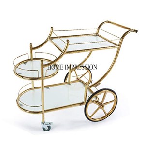 Chariot de service à 2 niveaux en métal plaqué or de créateur le plus beau et unique pour les mariages et les fêtes de villa - Product Image 3
