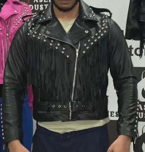 แจ็คเก็ตหนังแฟชั่นสไตล์ประดับหมุดและพู่ ทำจากหนังแกะแท้ ทรงเข้ารูป สไตล์ลำลอง ซิปหนัง - Product Image 3