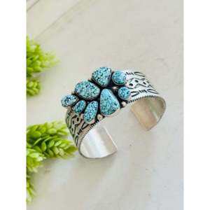 Charles Johnson High Grade Black Spiderweb Turquoise Cluster <b>Cuff</b> <b>Bracelet</b> with Sterling <b>Silver</b> Fashionable Accessory - Product Image 4