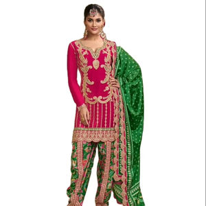 Kalamkari Heavy Chinon Seda Bordado e Impresión Digital Diseñador Colección Fiesta Salwar Kameez Indio - Product Image 1