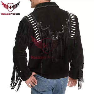 Blouson de moto de style occidental de haute qualité en cuir de vache véritable noir avec franges et perles, matériau en tissu pour motards - Product Image 6