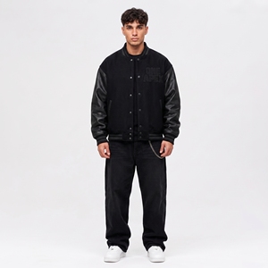 Custom <b>Jacket</b> Wool Body PU <b>Leather</b> Sleeves Chenille Embroidery Letterman Baseball <b>Jacket</b> OEM ODM <b>Men's</b> Black Varsity - Product Image 1