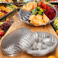 Plateau rond en PVC transparent pour légumes et fruits avec couvercle, 6 compartiments séparés, plateau de service alimentaire réutilisable pour la restauration