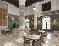 Aménagement intérieur de café Savy, ensemble de meubles de restaurant moderne, chaise de salle à manger en rotin personnalisée et table ronde en marbre