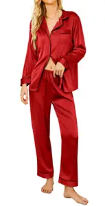 Conjunto de pijama de manga longa macio, pijamas de seda com botões de cetim, pj, roupas de dormir femininas