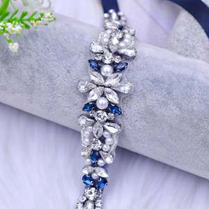 Bridella BS93ML Navy <b>Bridal</b> <b>Belt</b> with Rhinestone & <b>Pearl</b> Decorations Adjustable Fit for Weddings Proms & Formal Events - Product Image 2