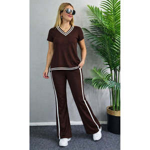 Ensemble deux pièces pour femme, chemisier à manches courtes et col en V en viscose à deux fils et pantalon, 36670 - Café - Product Image 1
