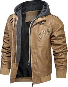 Blouson aviateur décontracté en cuir PU pour homme avec col montant, veste zippée d'hiver avec capuche amovible et poches pour homme - Product Image 4