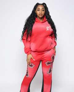 Custom Vintage Jogging Sweatsuit Men Clothing Distressed Cotton Applique <b>Embroidery</b> Flared Sweatpants and Cropped Hoodie <b>Sets</b> - Product Image 5