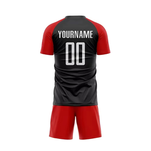 Fournisseur de kits de football rouge et noir Ensembles de maillots de football Polyester unisexe couleurs unies court - Product Image 3