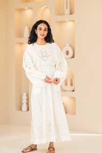 Robe décontractée ukrainienne bohème blanche élégante avec broderie de taille naturelle à manches longues tissée écologique-Meilleur prix - Product Image 4