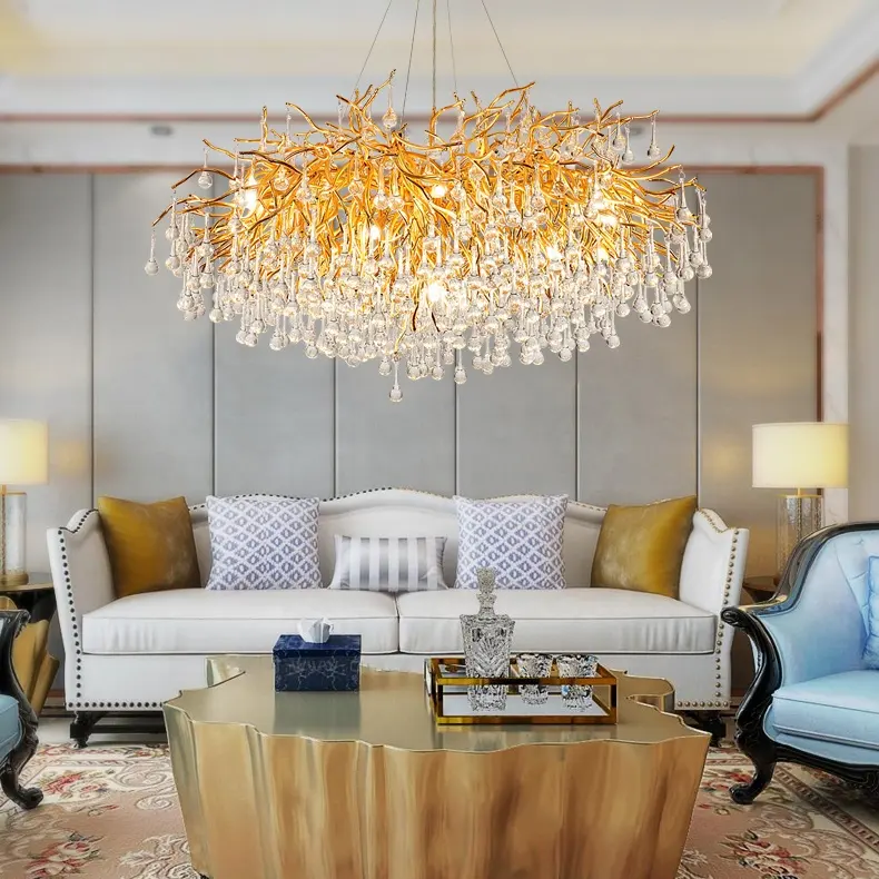 Modern gold black chrome round tree droplet chandelier crystal lamp luxury raindrop chandelier for living room bedroom