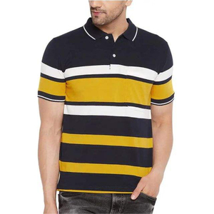 Polo de Manga Corta a Rayas para Hombre, Tejido, Estilo Casual, Diseño con Bloques de Color Azul Marino, Amarillo y Blanco - Product Image 1