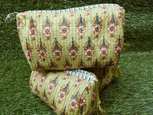 Handblocked 3 pièces Vintage Floral vert clair coton écologique trousse de maquillage sacs fermeture à glissière résistant à l'eau-demoiselle d'honneur - Product Image 2