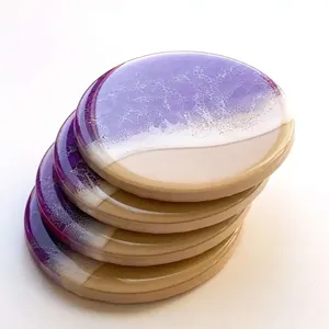 Eco-Friendly Modern Coaster Set <b>Wooden</b> Unique Ethereal Seafoam Lavender <b>Resin</b> Golden Highlights Home Kitchen <b>Table</b> Party Wedding - Product Image 4