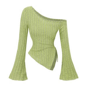 Haut asymétrique à une épaule en maille à manches lanternes, grande taille, couleur unie, design froncé, pour adolescentes, broderie décontractée 100% - Product Image 5
