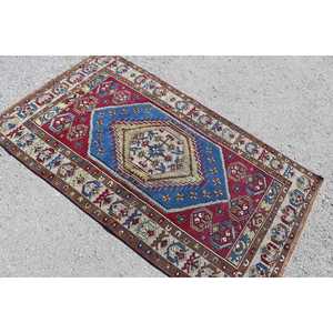 Tapis vintage 3,37 x 5,7 pieds, tapis d'inspiration turque, tapis en laine Ikat rouge - Product Image 4