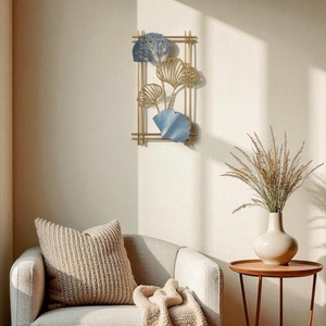 Décoration murale en métal de qualité supérieure avec motif de feuilles bleues et dorées, idéale pour la décoration contemporaine de la maison et du bureau, vente en gros en provenance d'Inde - Product Image 2