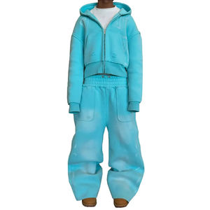 Sweat-shirt à capuche zippé délavé au soleil de haute qualité pour homme, avec épaules tombantes, et sweat-shirt court uni en molleton 100 % coton, pantalon de survêtement ample - Product Image 5