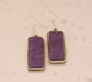 Pendientes de charoita de estilo clásico de Plata de Ley 925 para mujer, barra rectangular hecha a mano, piedras preciosas, joyería de boda para dama de honor - Product Image 4