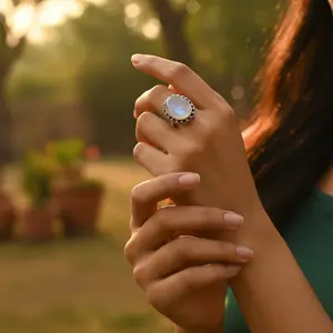 Anillo de Plata de Ley 925 con Piedra Lunar Estilo Boho para Mujer, Patrón Geométrico con Engaste Invisible, Chapado en Rodio, Joyería de Regalo - Product Image 3