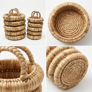 Natural Hand Woven Water Hyacinth <b>Storage</b> <b>Basket</b> Set <b>Stacked</b> Donut Ring Coiled Tier Arch Handle Planter Setup Decor Pure Art - Product Image 3
