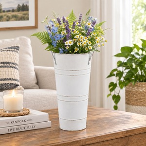 <b>Tall</b> White Galvanized Metal French Bucket <b>Vase</b> Rustic Farmhouse Floor Table Planter Container with Wildflower Bouquet Decor - Product Image 2