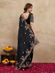 Sari décontracté en soie Rangoli pour femmes Trendmalls, lourdement brodé, pièce de chemisier non cousue (K954-Noir), mariage indien/pakistanais - Product Image 4