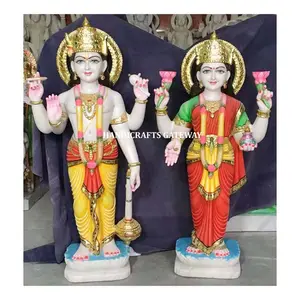 gutaussehende Statue von Lord Vishnu und Göttin Maa Laxmi bunt und sitzend Statue aus weißem Marmor Diwali und Familiengeschenk Statue