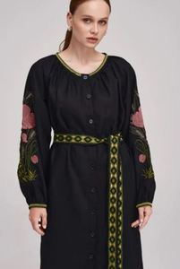 เดรสยาวคอวีสีดำแขนยาวปักลายดอกไม้, เดรสยูเครนทรงหลวมชายหาดลำลองสไตล์โบฮีเมียนสำหรับฤดูใบไม้ผลิฤดูใบไม้ร่วง - Product Image 3