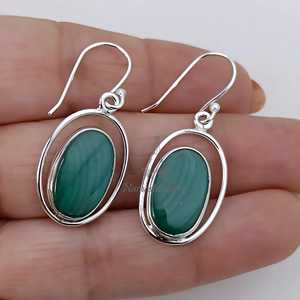 Malachite <b>Earrings</b>, <b>Sterling</b> <b>Silver</b> <b>Dangle</b> <b>Earrings</b>, Handmade Oval Jewelry - Product Image 6
