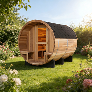 เตาซาวน่าแบบถังไม้ซีดาร์แดง 6 กิโลวัตต์ - รองรับได้ 6 คน, พร้อมผ้าคลุมกันฝน และม้านั่งสองอัน - Product Image 1