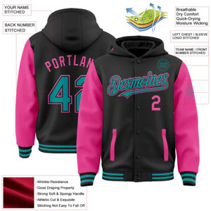 Fabricante personalizado OEM Varsity Letterman Sudadera con capucha de dos tonos para los hombres en negro verde azulado-Rosa Full-Snap Bomber estilo camisetas de fútbol de impresión - Product Image 2