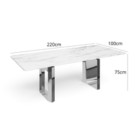 Table à manger rectangulaire en marbre de 220 cm, design moderne de New York, stable, blanc argenté, 6 places, meubles de salle à manger, acier inoxydable