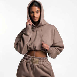 Ropa de Boutique al por Mayor para Mujer, Sudadera Corta de Manga Larga de Color Sólido, Sudadera con Capucha para Mujer, Ropa Deportiva de Calle de Algodón - Product Image 2