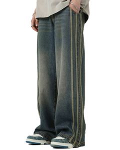 กางเกงยีนส์เดนิมทรงขากว้างสไตล์วินเทจสำหรับผู้ชาย สีเขียวฟอก ลายแถบข้าง ทรงหลวม ทรงตรง สไตล์สตรีทแวร์ลำลอง ขายส่งแบบ OEM - Product Image 3